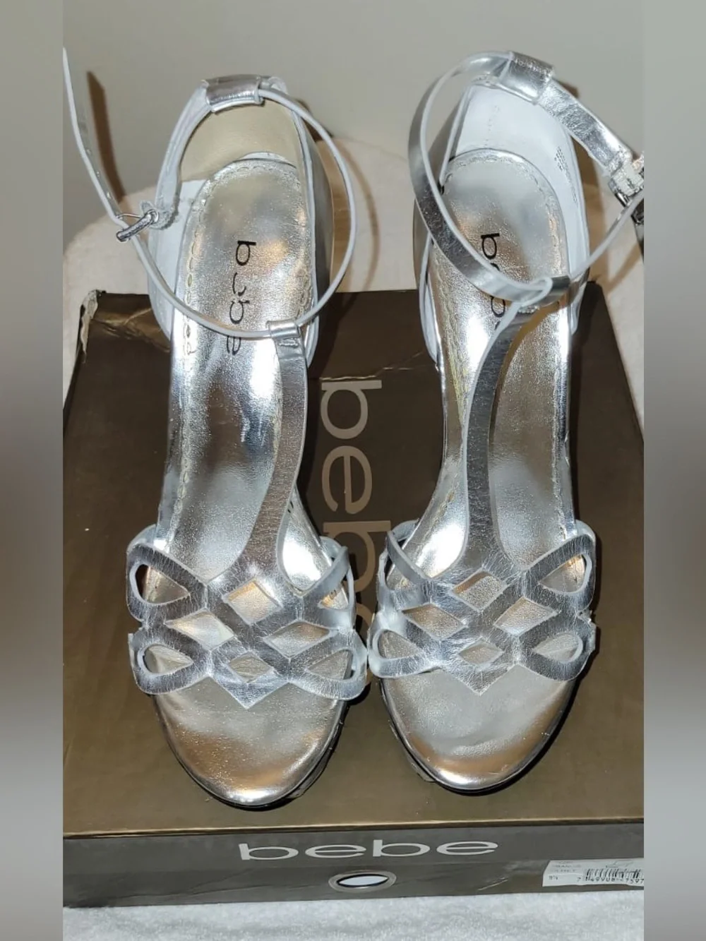 Bebe Silver Basket-Weave T-Strap Platform Sandals